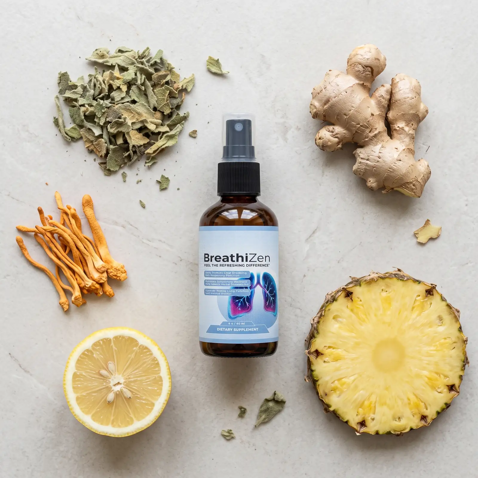 BreathiZen bottle surrounded by its five listed ingredients