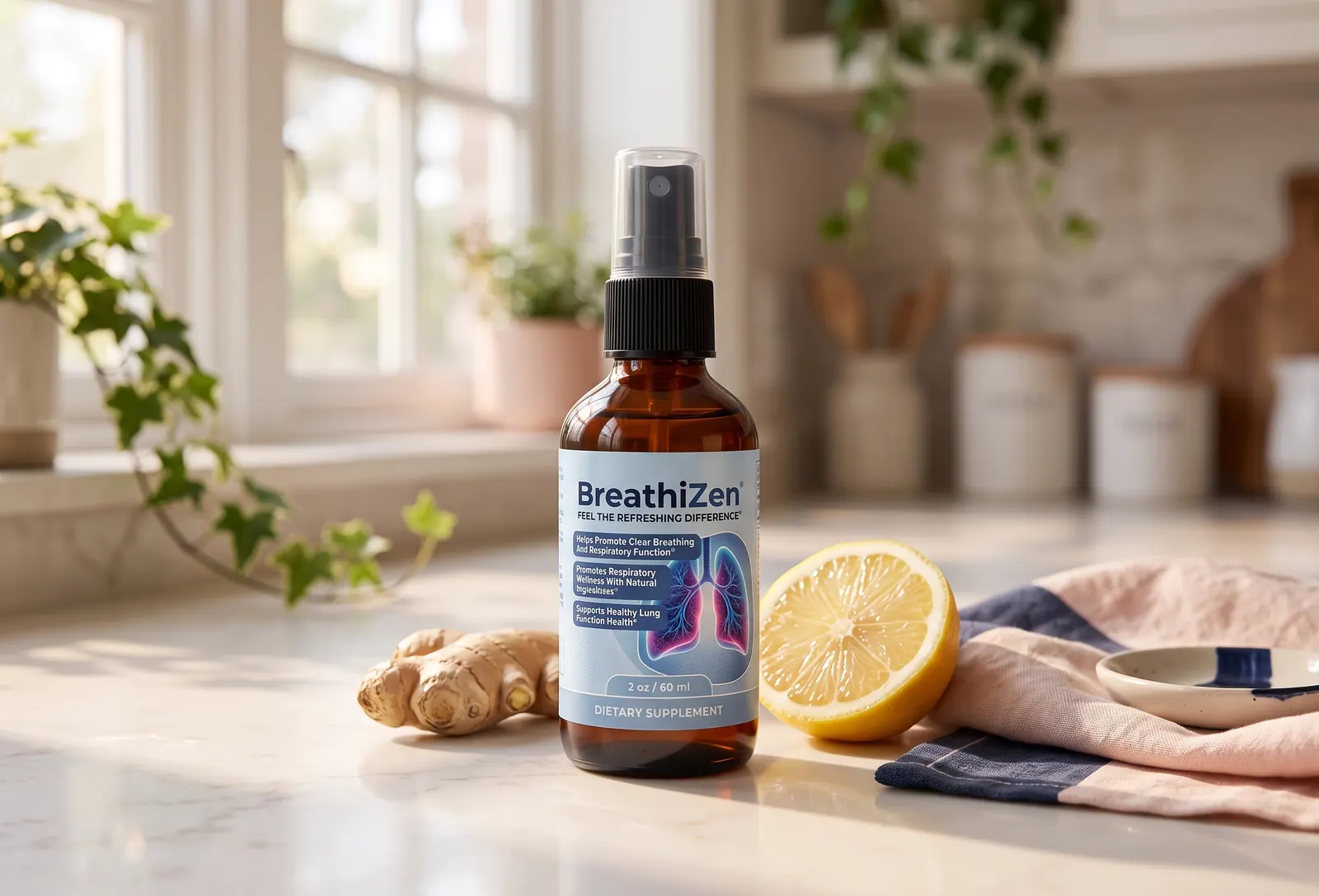 BreathiZen supplement bottle on a bright kitchen counter