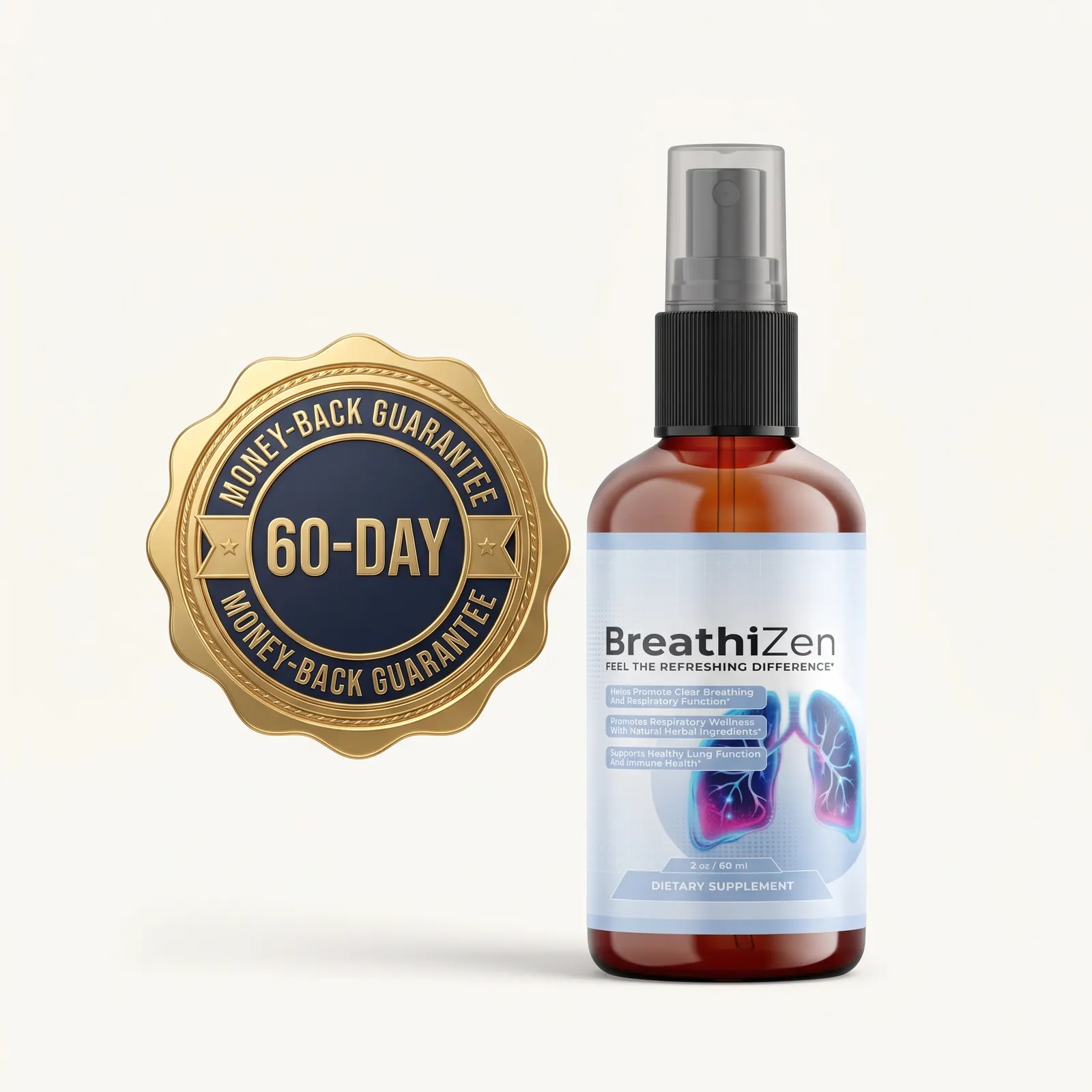 60-day money-back guarantee seal next to a BreathiZen bottle